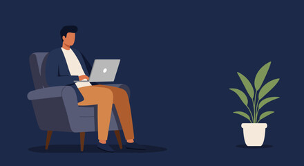A man comfortably working on his laptop in an armchair with a houseplant nearby. Represents remote work, online education, or freelance business.