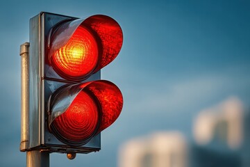 A vibrant red traffic light shining brightly against a soft blue sky backdrop, symbolizing a halt and a need for attention at an intersection on the street.