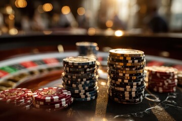 Close-up shot of casino chips stacked on a roulette table, creating a warm and inviting atmosphere with blurred lights adding to the excitement and anticipation.