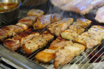 Korean Samgyeopsal (Pork Belly) Grilling on Hot Plate