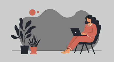 A relaxed woman in pajamas works from home on her laptop, embodying comfort and productivity in a modern, remote work setting. Ideal for lifestyle, business, and technology themes.