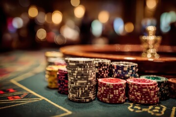 Stacks of colorful casino chips arranged on a green felt table, illuminated by soft, blurred lights create an atmosphere of luxury, and anticipation.
