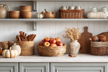 Cozy autumn kitchen decor with pumpkins, baskets, and fall leaves on marble counter. Country-style kitchen with fall-themed accents like pumpkin bowls, apple baskets, and cinnamon sticks