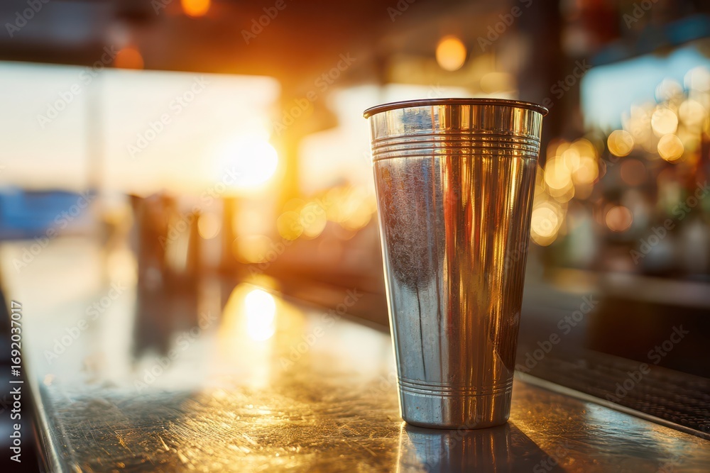 Poster close-up of a cocktail shaker on a bar counter with a blurred background of lights, illuminated by a