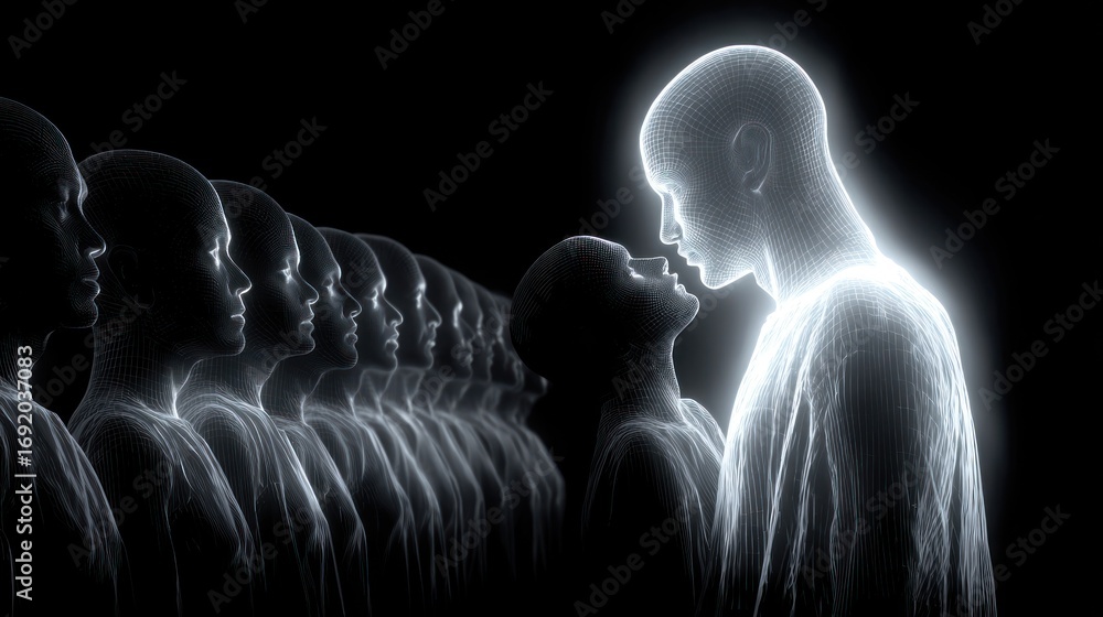 Poster futuristic digital human figures in neon glow line art style with multiple repeating characters