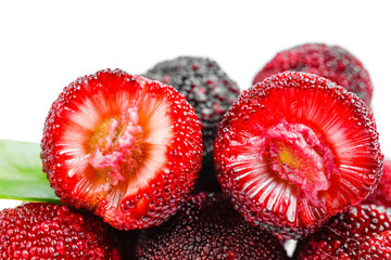 Fresh Yangmei Chinese Bayberry Fruit Halves Display on White Background