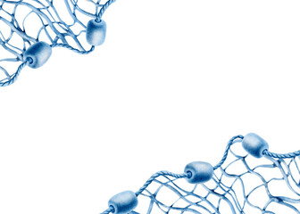 Diagonal marine template buoys made of foam on a twisted rope with a fishing net in a monochrome watercolor illustration for decorating marine-themed parties and fish restaurants.Hand-drawn clipart