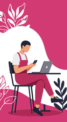 A person uses a laptop and smartphone at a table in a modern, stylized setting. Represents remote work, online learning, digital communication, and lifestyle.