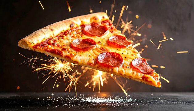 A single triangular slice of a savory baked dish is suspended in mid-air against a dark backdrop, with bright spark-like effects radiating outwards