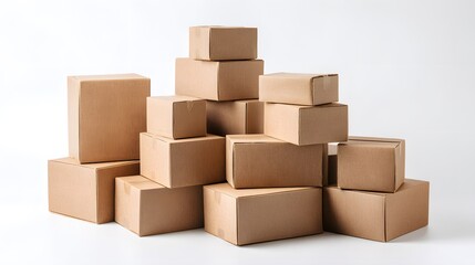 Fototapeta premium A pile of brown cardboard boxes stacked on a white background.