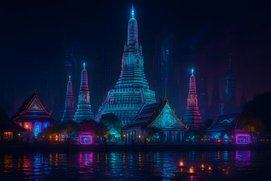 Wat Arun Temple Enhanced with Cyberpunk Neon and Holographic Sky