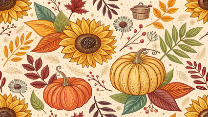Autumn background features cheerful sunflowers, pumpkins, and colorful leaves
