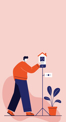 A person interacts with a smart home device shaped like a house, representing modern technology for home automation and security.