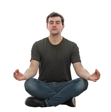 Calm young man sitting on the floor with eyes closed and crossed legs and raising hands showing zen gesture like practicing yoga. Relaxed guy meditate in lotus pose isolated on transparent background