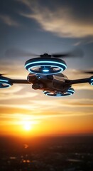 Futuristic Drone Soaring Above Cityscape at Sunset - Advanced Technology in Action.