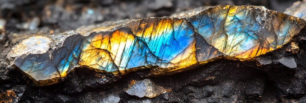 Close up macro view of a rough labradorite gemstone showing iridescent blue yellow and orange flashes - Powered by Adobe