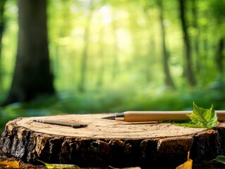 Fototapeta premium Wooden Pen and Key on Tree Stump in Forest.