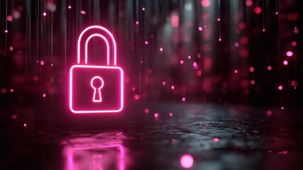 Neon padlock security privacy glowing digital cyber futuristic pink abstract technology concept with illuminated modern data protection, encryption, safe lock, and wet floor reflection glowing pink - Powered by Adobe
