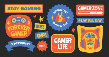Gamer stickers, badges, patachs design collection. Video game elements with various console in retro style 90's y2k design. © titusurya