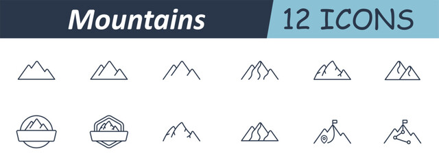 Mountains set icon. Outline icons showing various mountain peaks, snowy tops, flag, trail, label badge, summit marker, range, and contour lines in outdoor theme