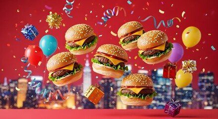 Fototapeta premium Hamburgers with cheese and lettuce floating with balloons and gift boxes against a cityscape