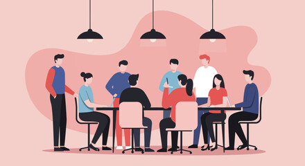 Professional diverse team meeting and collaborating in a modern workspace. Illustrates teamwork, communication, and business strategy.