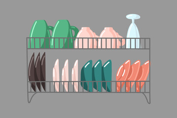 Kitchen crockery dryer isolated in closeup. Kitchen interior design for home or cafe. Stand of kitchenware, storage of saucers. Flat vector illustration