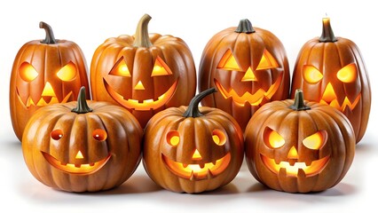 Fototapeta premium Group of Carved Halloween Pumpkins on White jackolantern.