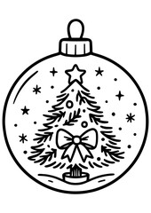 Fototapeta premium Black and white vector illustration of a Christmas ornament with a tree, bow, star, and snow inside, ideal for engraving, prints, and creative projects