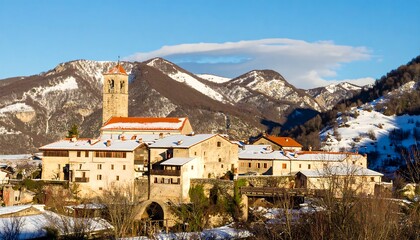 Alpine village nestled in mountains