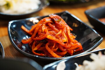 Korean Radish Salad (Musaengchae) in Black Square Dish