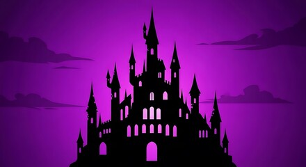 Fototapeta premium Dramatic silhouette of a gothic castle against a vibrant twilight sky creating an eerie atmosphere and captivating
