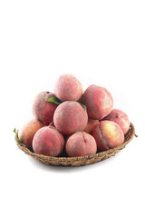 Fresh Blood Peaches in Wicker Basket on White Background - Summer Fruit Collection