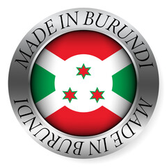 Made in Burundi button icon. Circular emblem with metallic border, glossy central flag, and bilingual label indicating product origin and international manufacturing identity.