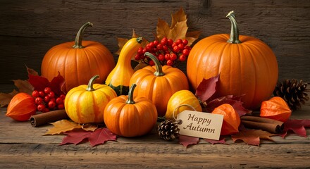 Vibrant Autumn Harvest Still Life with Pumpkins, Gourds, and 'Happy Autumn' Tag on Rustic Wood