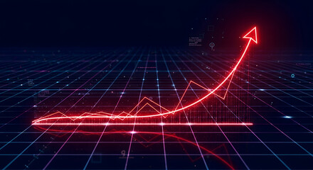 Red arrow pointing upwards on a grid background representing growth success and positive trends in business and finance