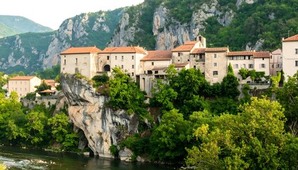 Fototapeta premium Picturesque village nestled on a cliff overlooking a river