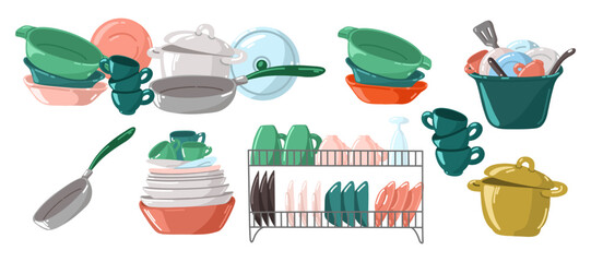 Set of vector kitchen utensils or crockery - plates, bowls, pot, cups, mugs and frying pan. Collection of cartoon flat tableware items isolated on white background.