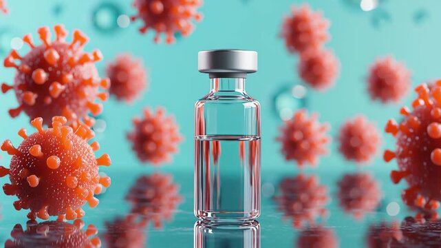 Vaccine vial surrounded by red measles virus spheres on turquoise background  