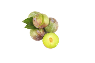 Fresh Ripe Plums with Leaves on White Background Closeup Display