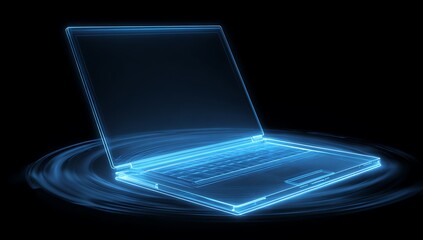 Futuristic holographic laptop display with glowing blue light
