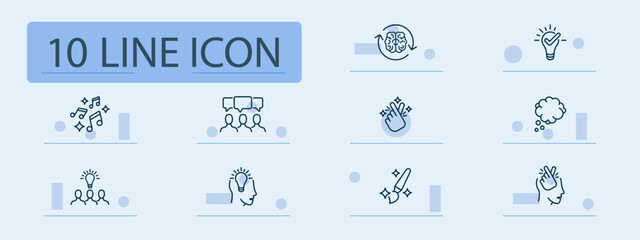 Creativity and idea set icon. Light bulbs, thought bubbles, brains, hands, speech, and artistic tools communicate concept generation, expression, and innovation themes