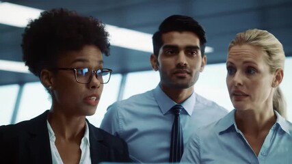 Diverse Business Team Analyzing Data on Transparent Screen in Modern Office Environment - Powered by Adobe