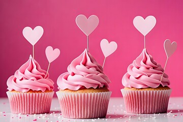 Three delectable cupcakes adorned with swirling pink frosting and delicate heart shaped toppers sit against a vibrant pink background, perfect for Valentine's Day treats.