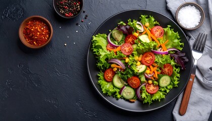 Fresh salad on dark plate. Vivid greens, red tomatoes, purple onion, and yellow corn create a vibrant culinary still life against a textured black surface with spices nearby