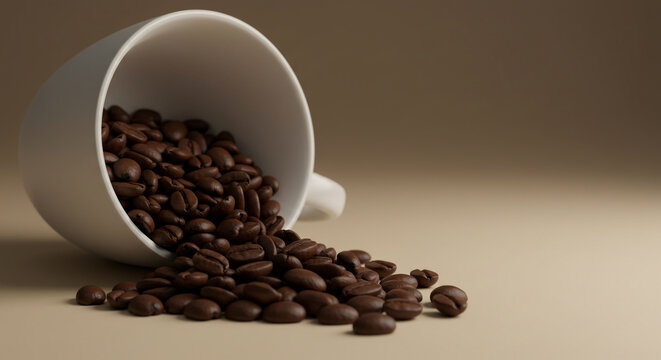 Freshly roasted coffee beans spilling from a white mug offer an aromatic and delightful experience