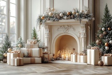 Serene and elegant Christmas morning setting with a classic white fireplace, decorated tree, and many wrapped gifts