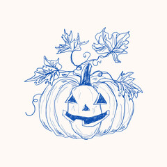 Blue ink sketch illustration of a halloween pumpkin, jack-o'-lantern. One-line vector hand drawing.