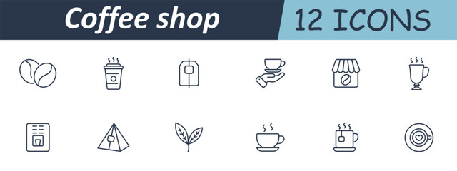 Coffee shop set icon. Beans, cups, mugs, takeaway containers, machines, teabags, leaves, heart latte art depicted with serving gestures and cafe item outlines