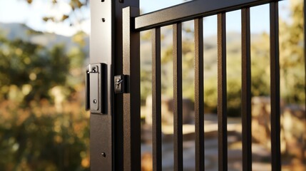 Durable secure gate with a bold steel frame, vertical bars, and integrated locks